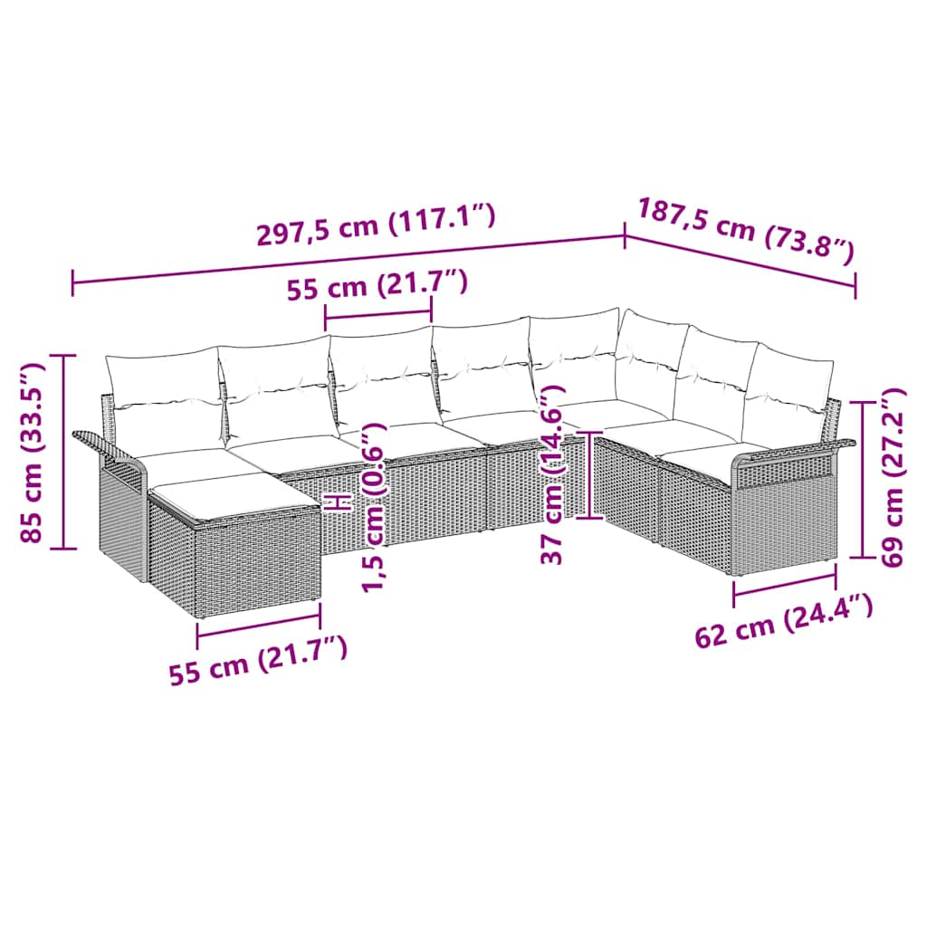 Gartensofa-set mit Kissen 8 pcs Schwarz Poly-Rattan
