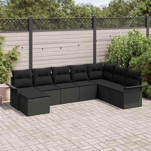 Gartensofa-set mit Kissen 8 pcs Schwarz Poly-Rattan