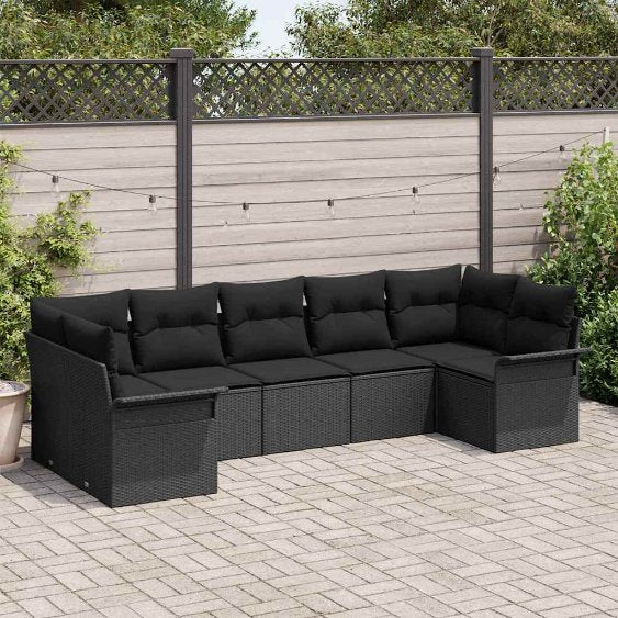 Gartensofa-set mit Kissen 7 pcs Schwarz Poly-Rattan