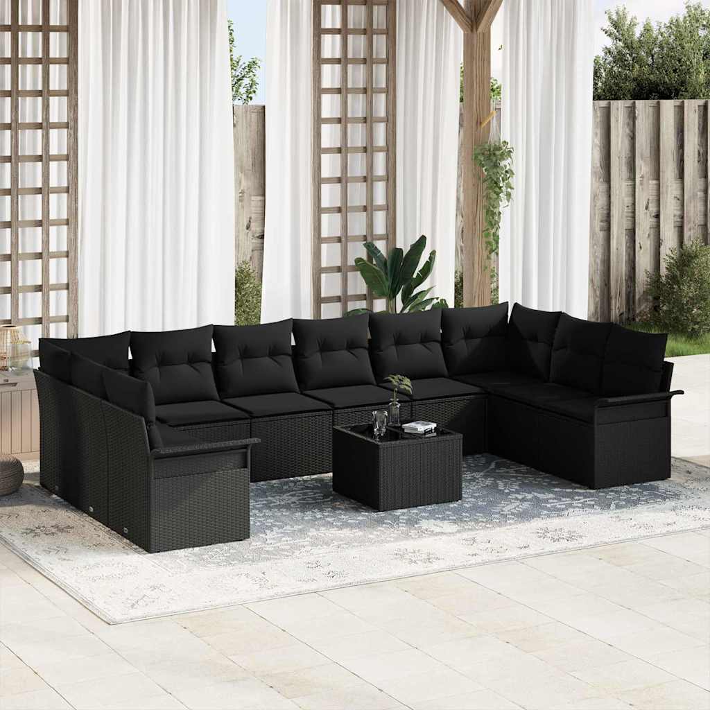 Gartensofa-set mit Kissen 10 pcs Schwarz Poly-Rattan