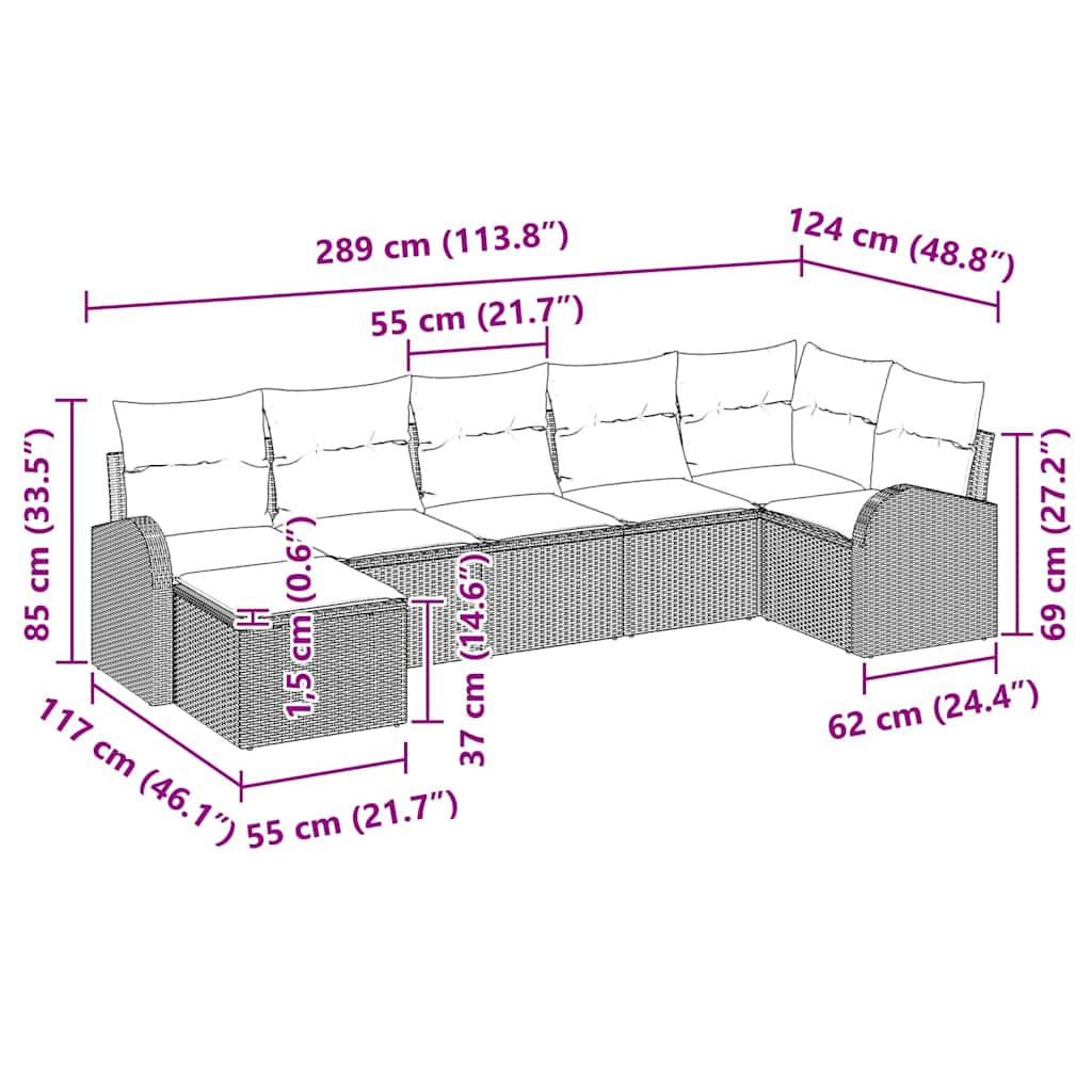 Garten-Sofa-Set mit Kissen 7 pcs Schwarz Poly Rattan