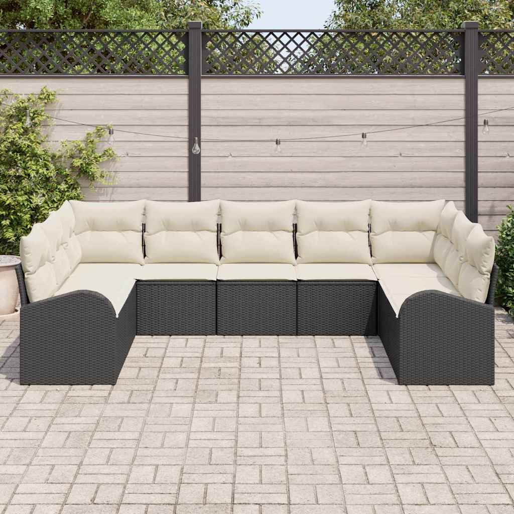 Sofa Set mit Kissen 9 pcs Schwarz Poly Rattan
