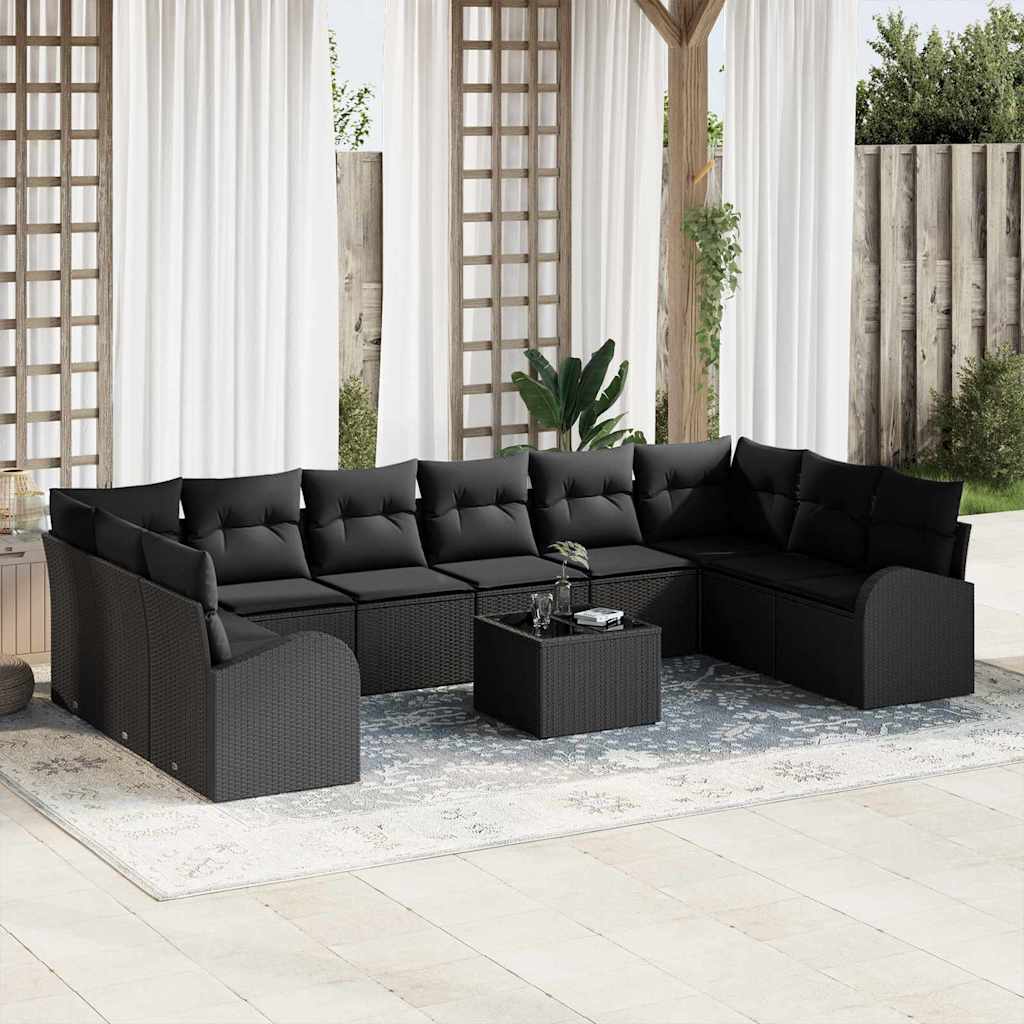 Sofa Set mit Kissen 10 pcs Schwarz Polyrattan