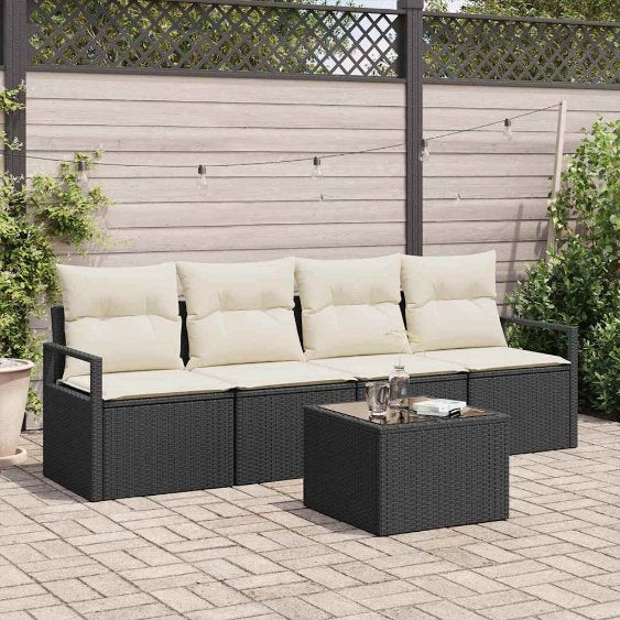 Sofa Set 5 pcs Schwarz und Creme Poly-Rattan