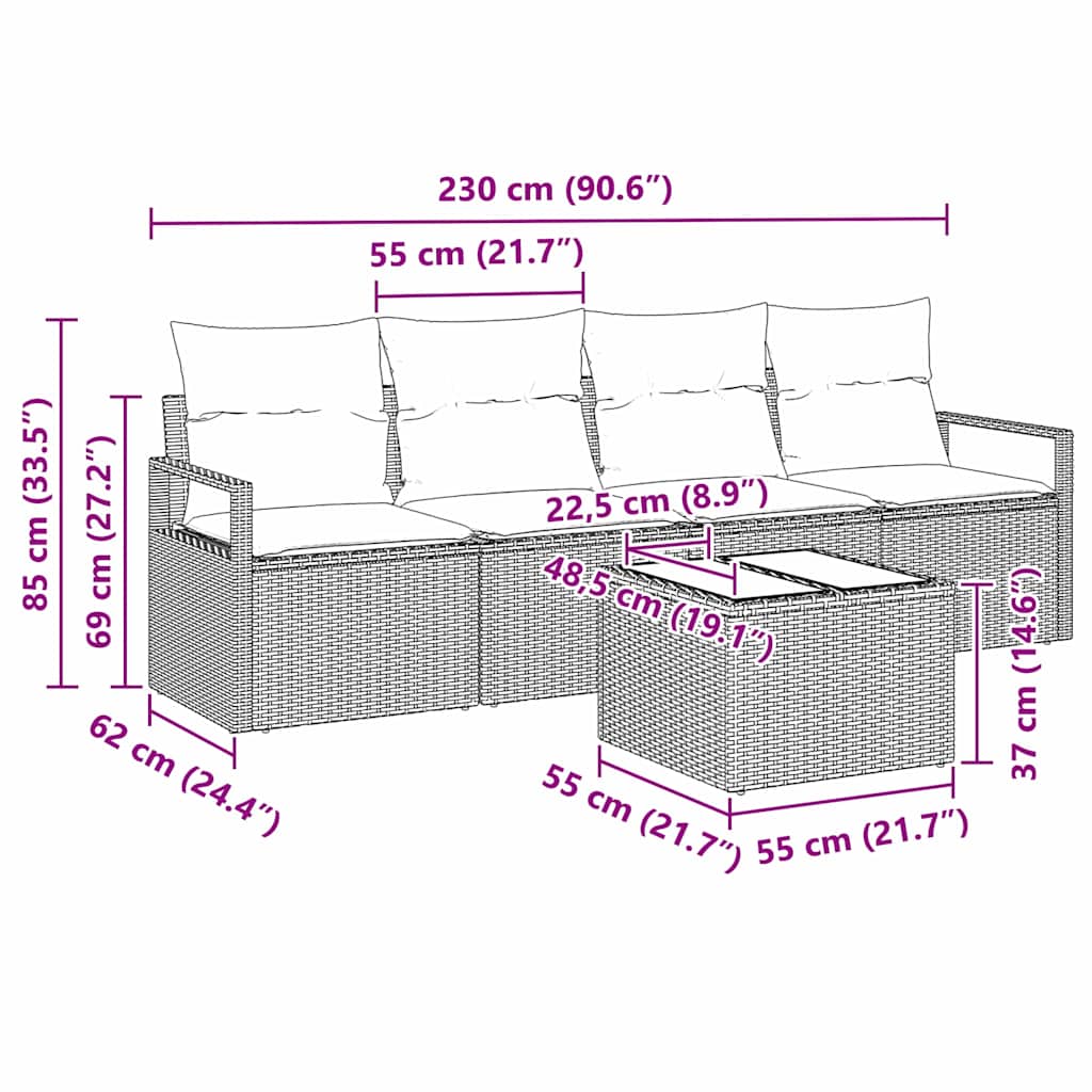 Sofa Set 5 pcs Schwarz und Creme Poly-Rattan