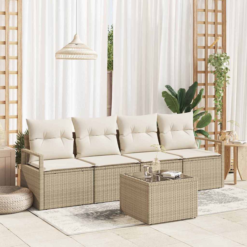 Sofa Set 5 pcs Schwarz und Creme Poly-Rattan