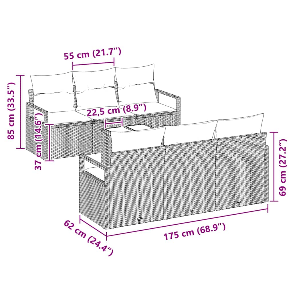 Sofa Set mit Kissen 7 pcs Schwarz und Creme Poly Rattan