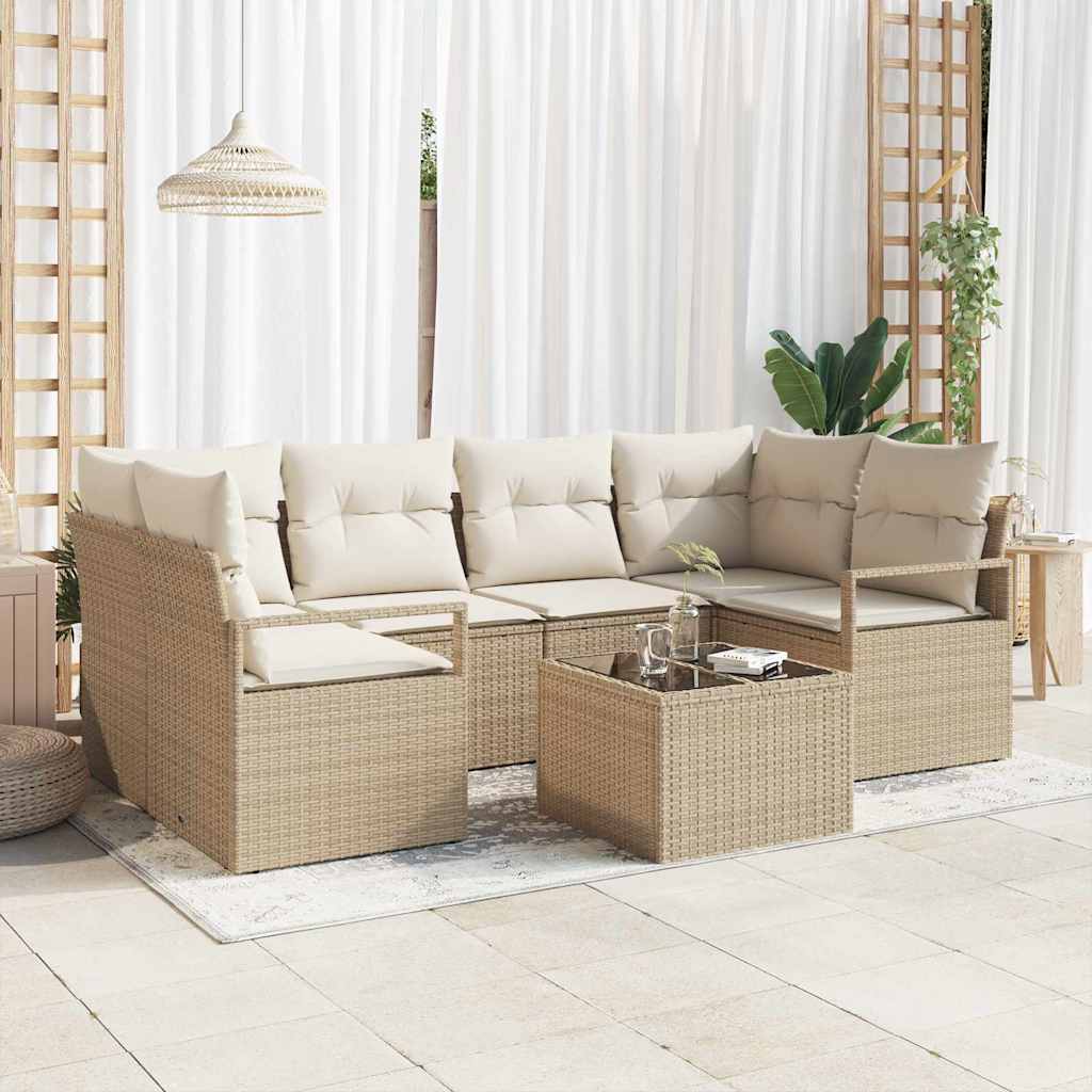 Sofa Set 7 pcs Schwarz und Creme Poly-Rattan