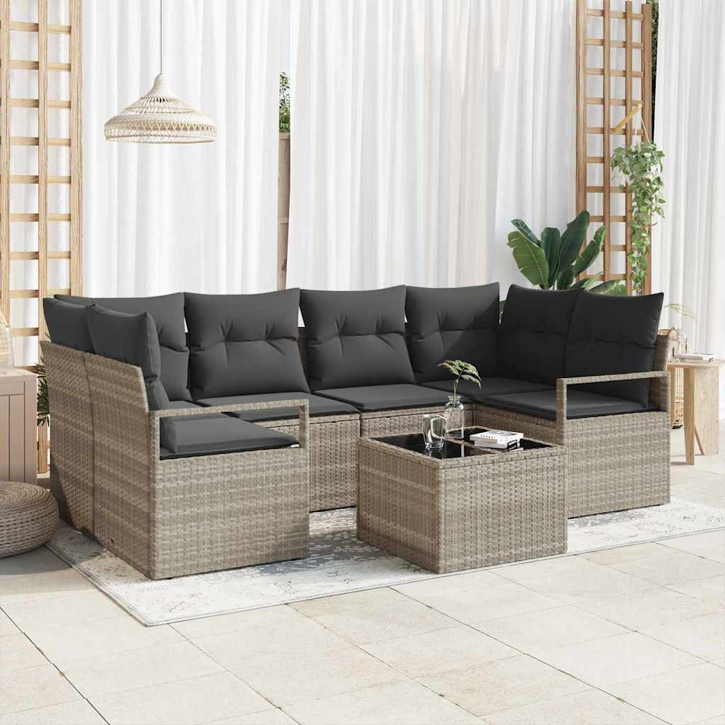 Sofa Set 7 pcs Schwarz und Creme Poly-Rattan