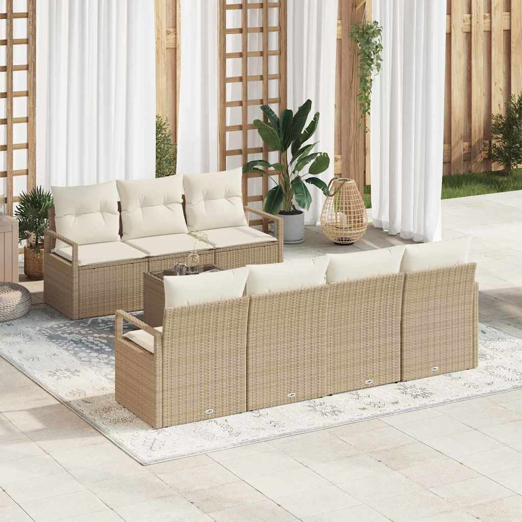 Sofa Set 8 pcs Schwarz und Creme Poly-Rattan
