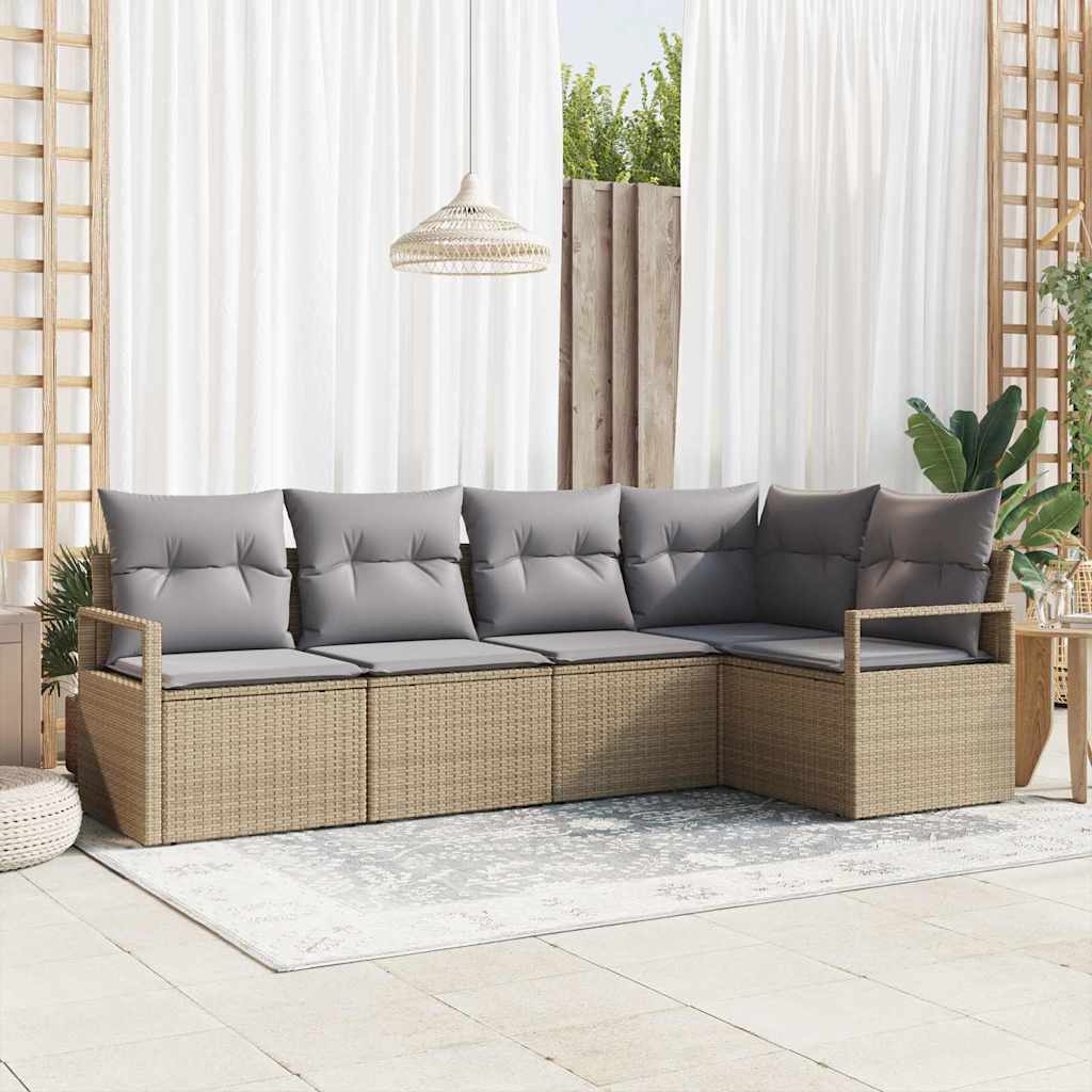 Sofa Set mit Kissen 5 pcs Schwarz Poly Rattan