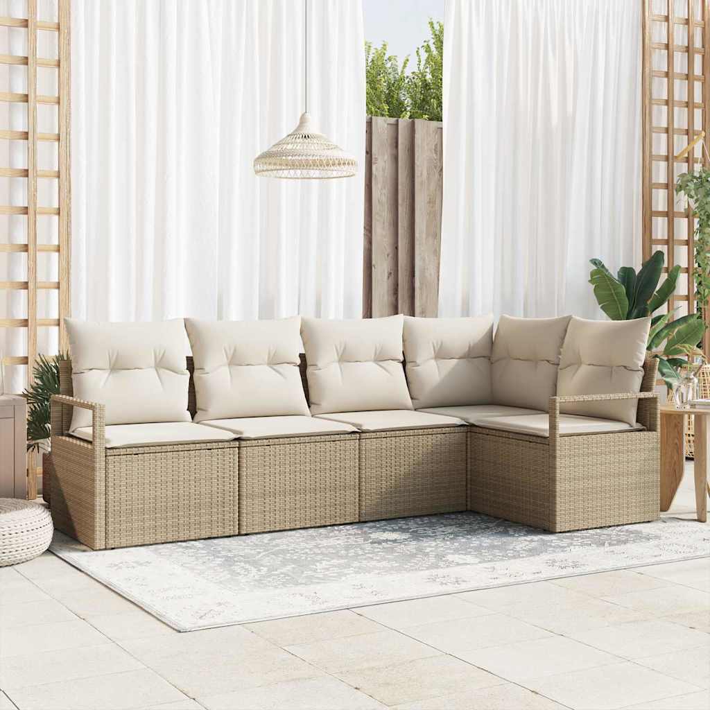 Sofa Set mit Kissen 5 pcs Schwarz Poly Rattan