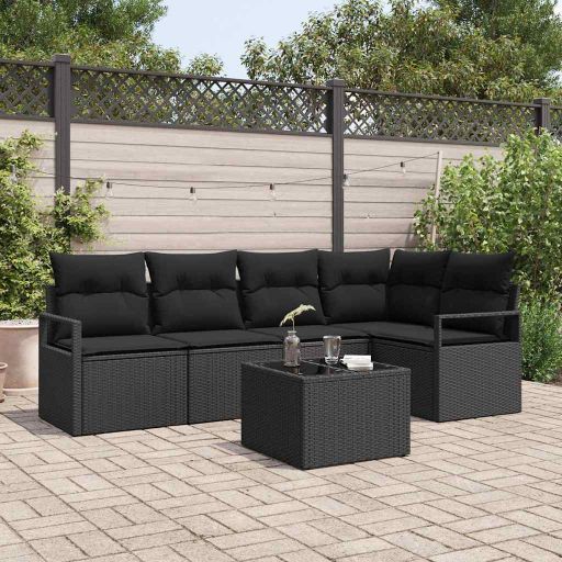 Sofa Set mit Kissen 5 pcs Schwarz Poly Rattan