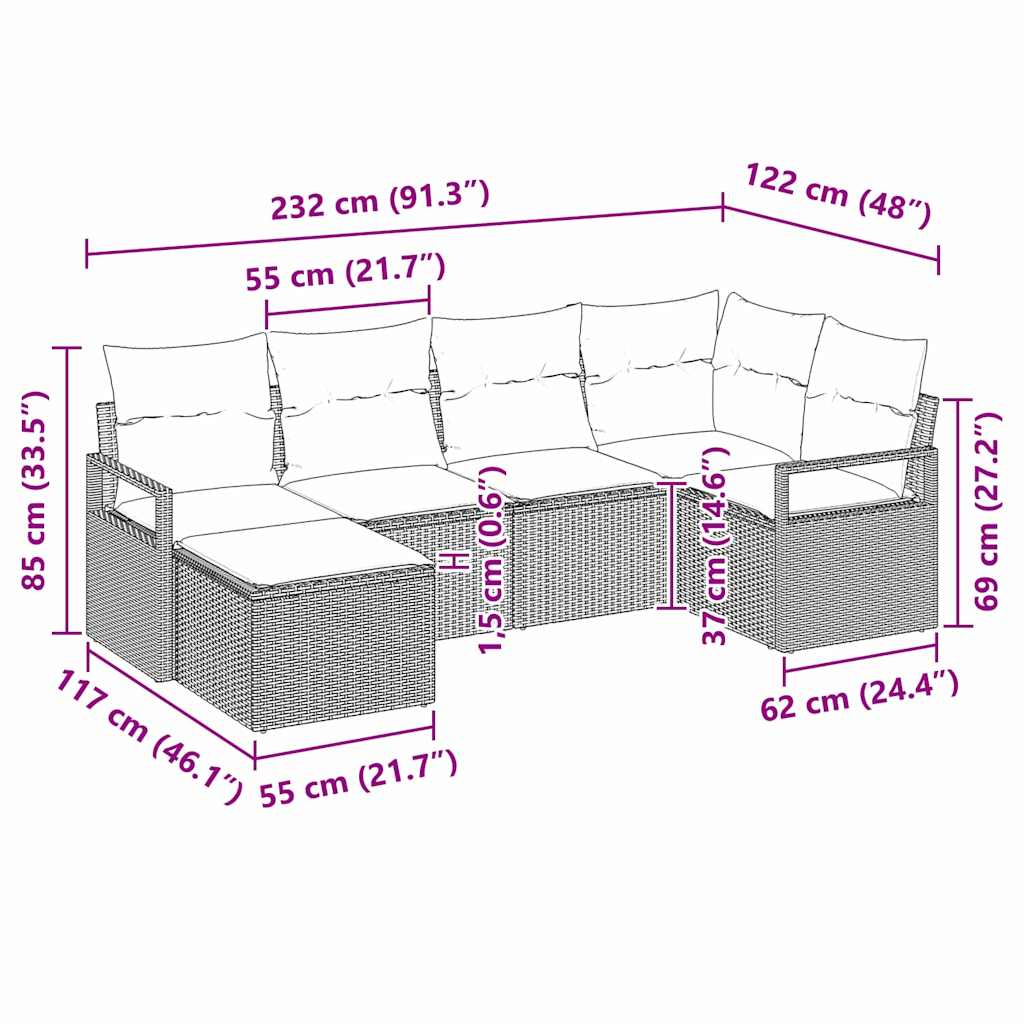 Sofa Set mit Kissen 6 pcs Schwarz Poly Rattan