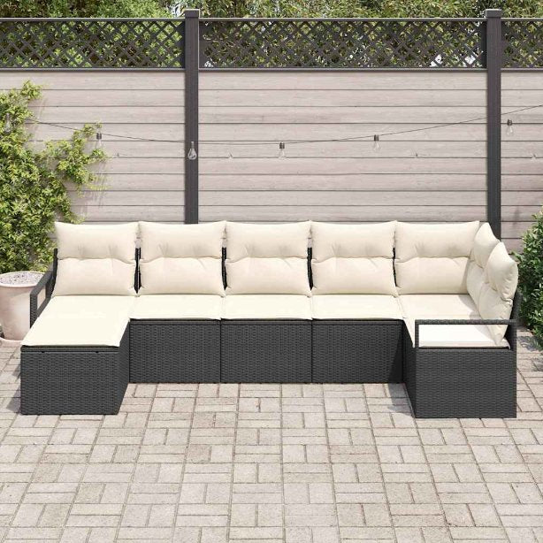 Sofa Set mit Kissen 7 pcs Schwarz Poly Rattan
