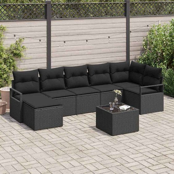 Sofa Set mit Kissen 7 pcs Schwarz Poly Rattan