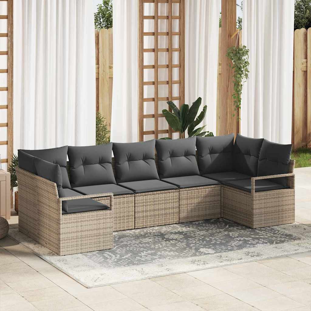 Sofa Set mit Kissen 7 pcs Schwarz Poly Rattan