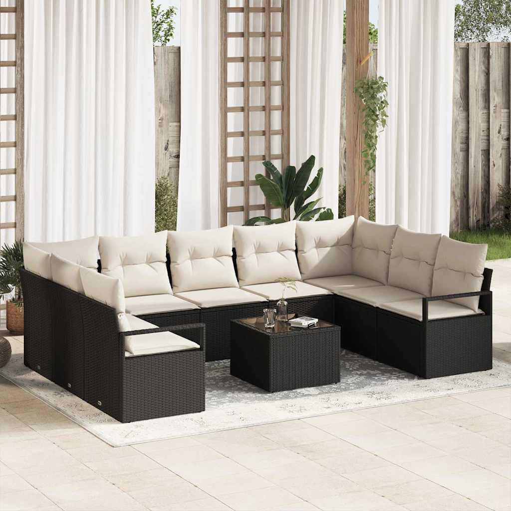 Sofa Set mit Kissen 9 pcs Schwarz Poly Rattan