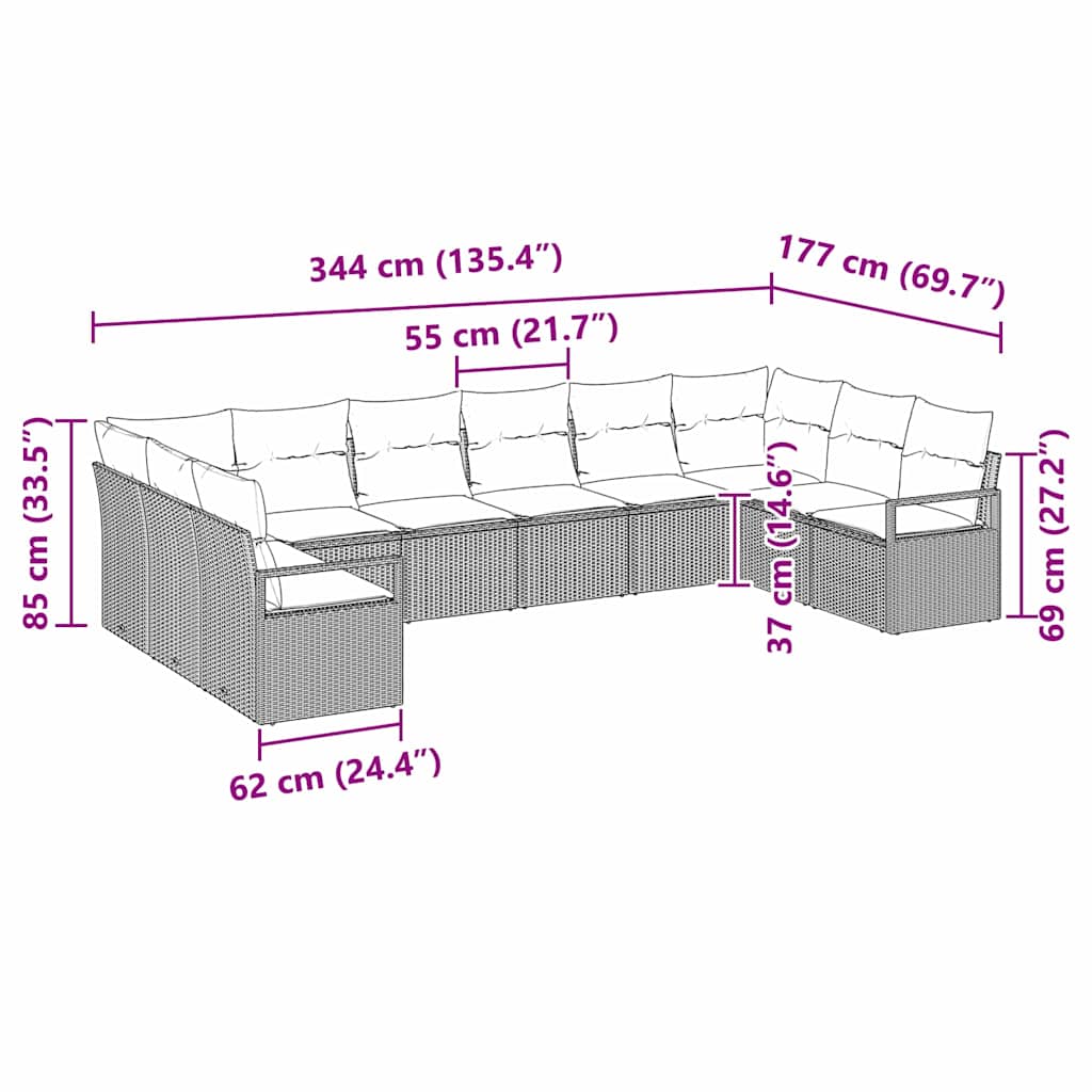 Sofa Set mit Kissen 10 pcs Schwarz Poly-Rattan