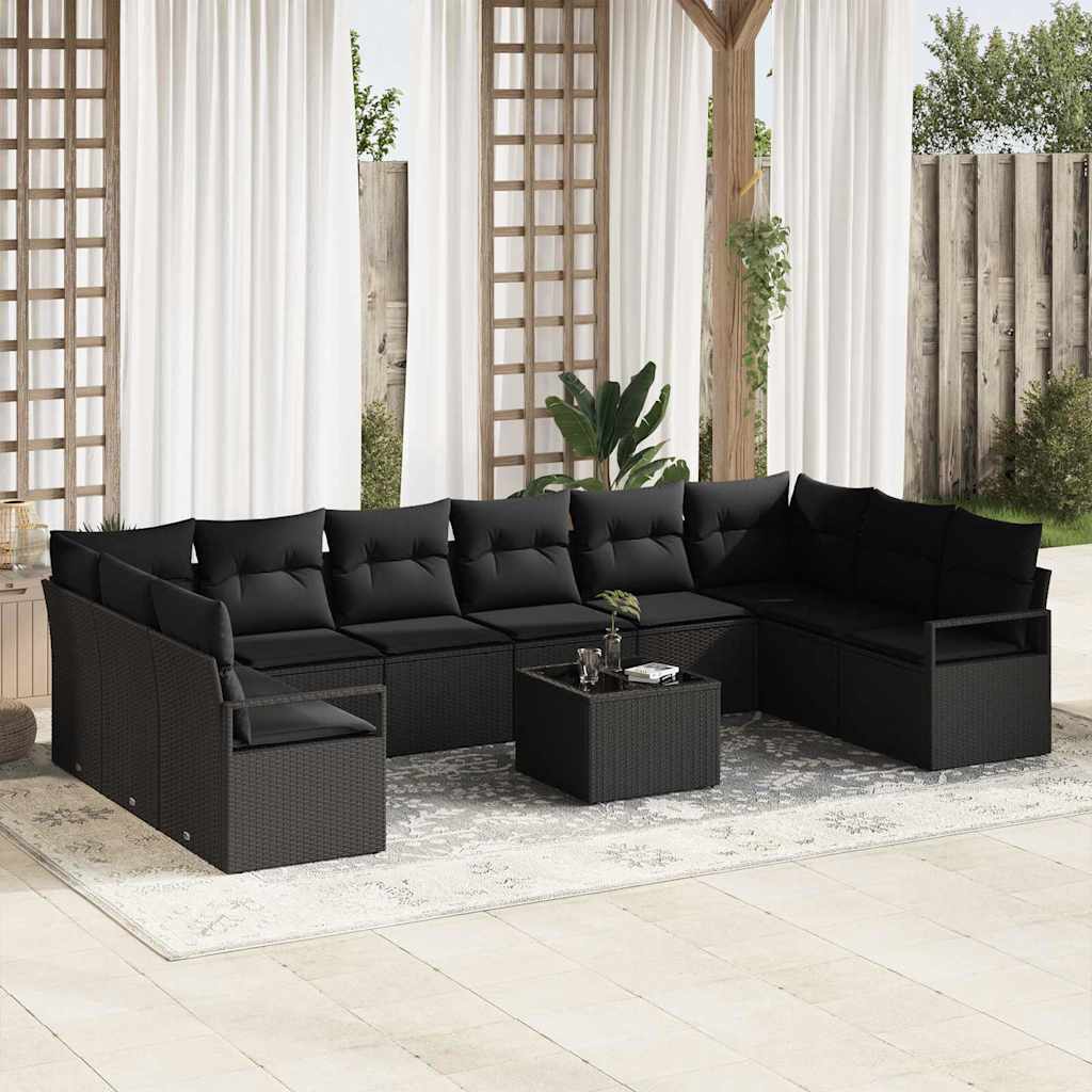 Sofa Set mit Kissen 10 pcs Schwarz Poly-Rattan