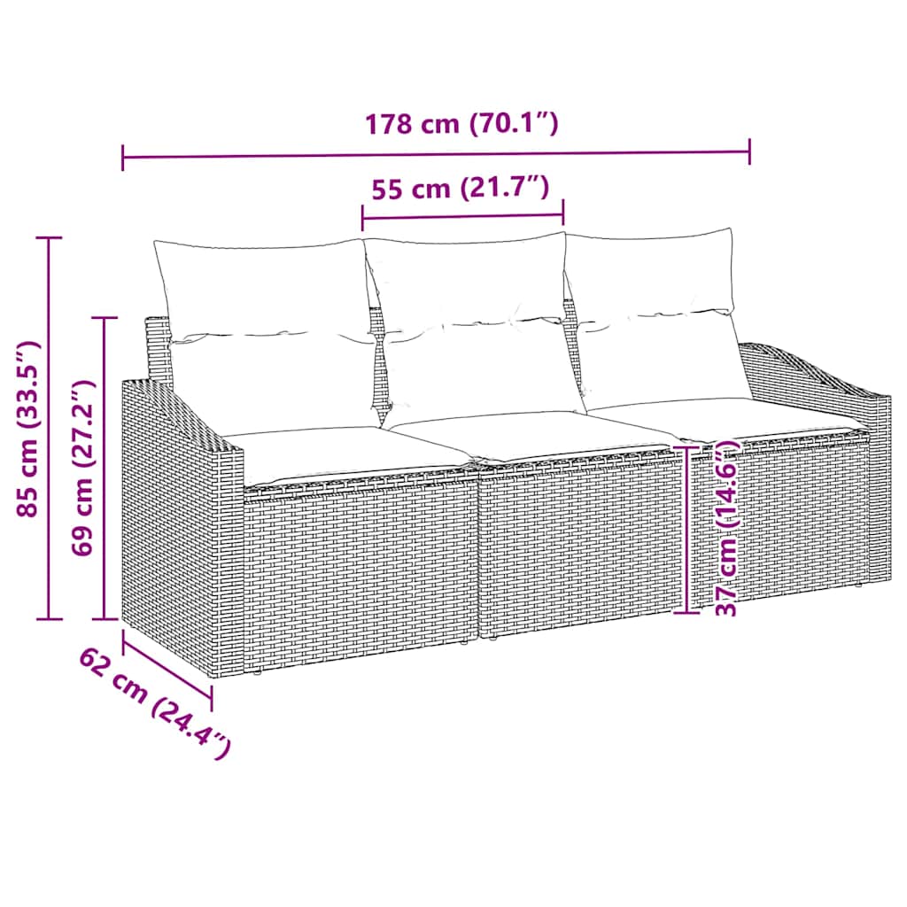 Sofa Set mit Kissen 3 pcs Schwarz Poly-Rattan