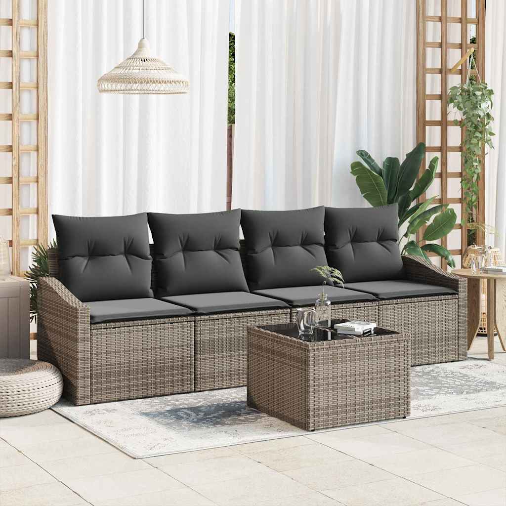 Sofa Set mit Kissen 5 pcs Schwarz und Creme Poly-Rattan