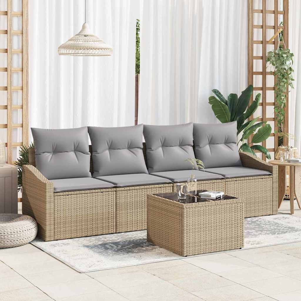 Sofa Set mit Kissen 5 pcs Schwarz und Creme Poly-Rattan