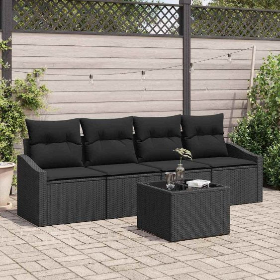 Sofa Set mit Kissen 5 pcs Schwarz und Creme Poly-Rattan