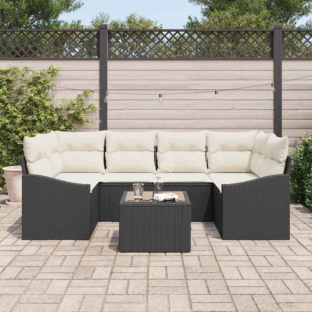 Sofa Set mit Kissen 7 pcs Schwarz und Creme Poly Rattan