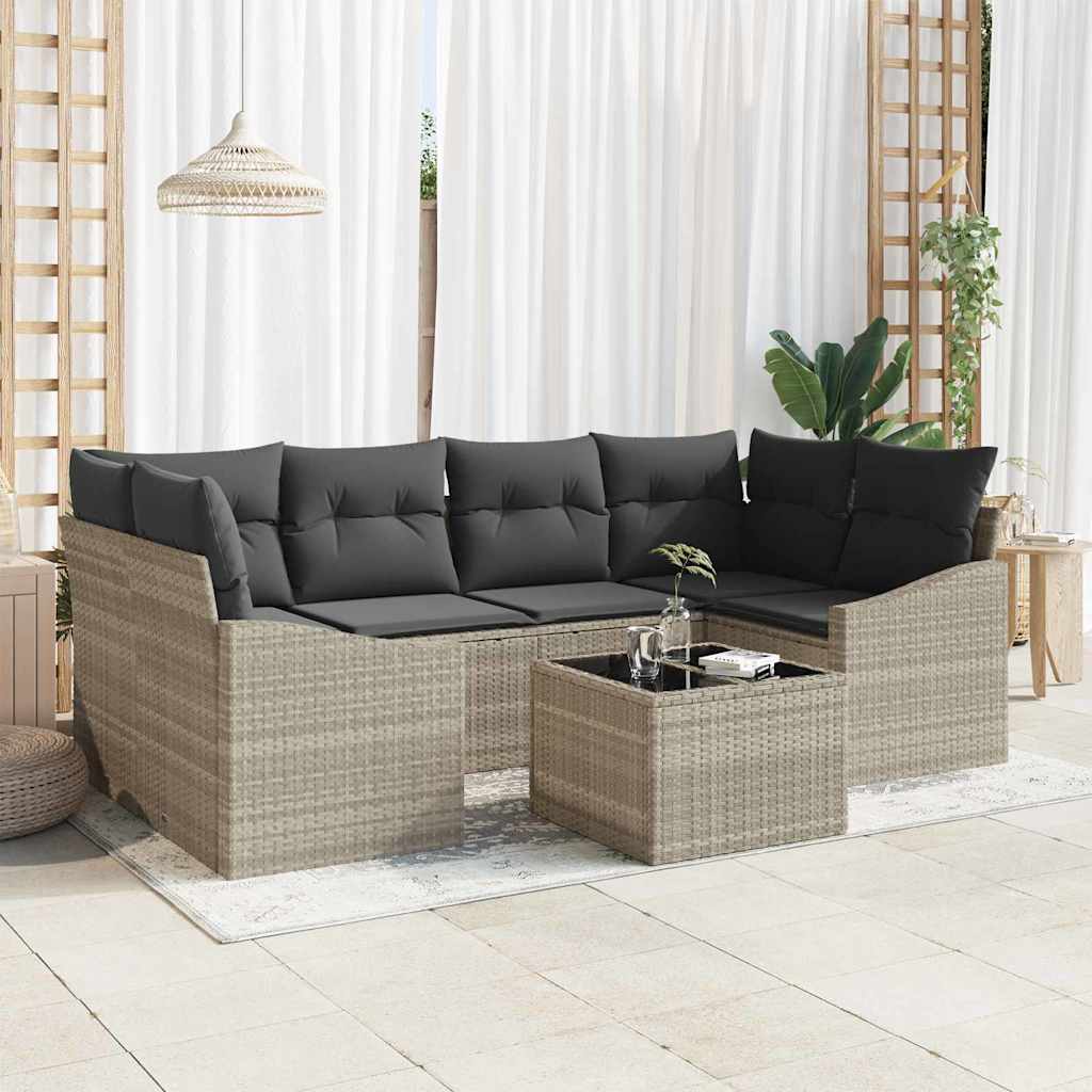 Sofa Set mit Kissen 7 pcs Schwarz und Creme Poly Rattan
