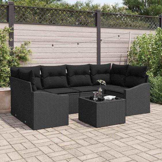 Sofa Set mit Kissen 7 pcs Schwarz und Creme Poly Rattan