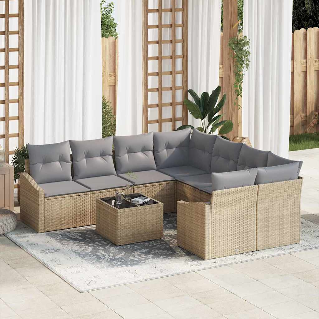 Sofa Set mit Kissen 9 pcs Schwarz und Creme Poly-Rattan