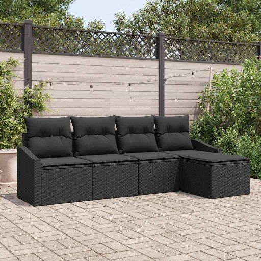 Sofa Set mit Kissen 5 pcs Schwarz Poly-Rattan