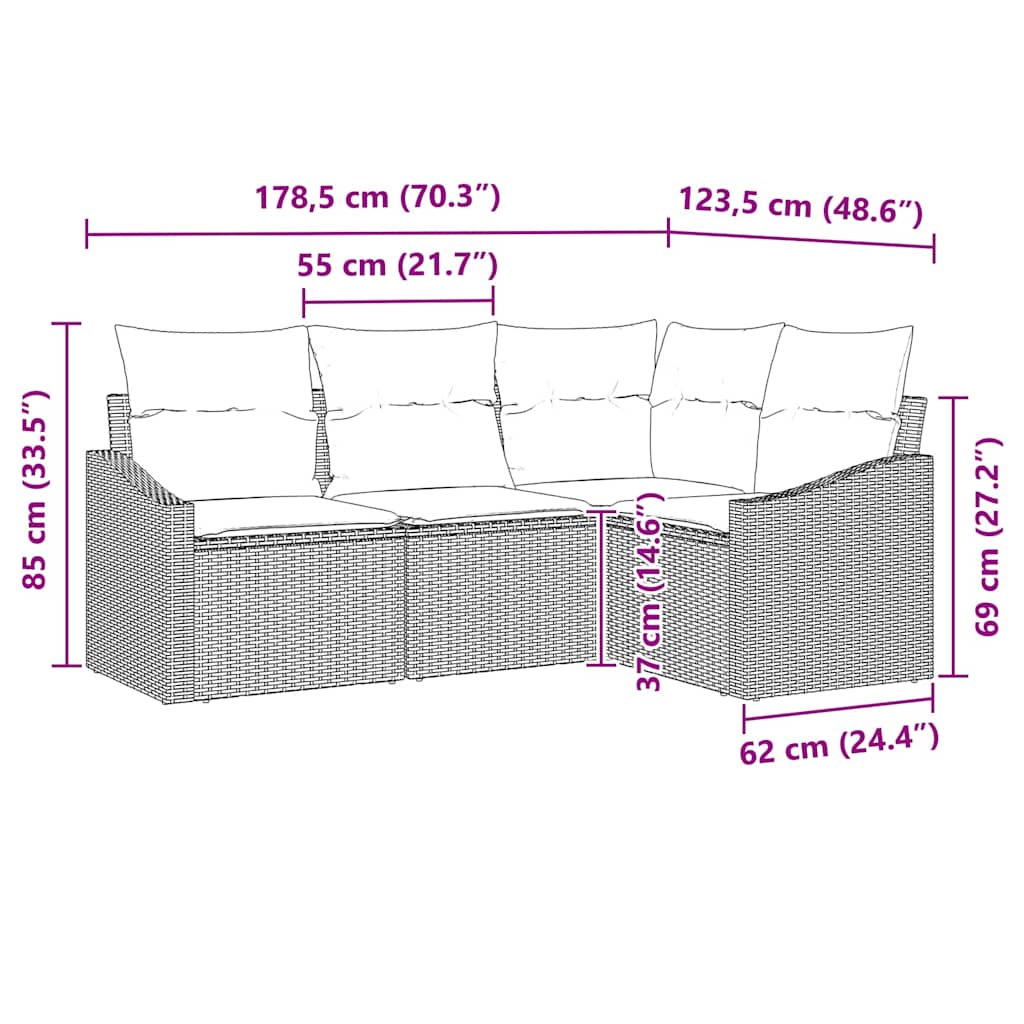 Sofa Set mit Kissen 4 pcs Schwarz Poly Rattan