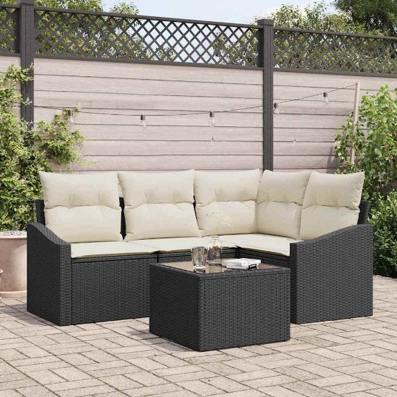 Sofa Set mit Kissen 4 pcs Schwarz Poly Rattan
