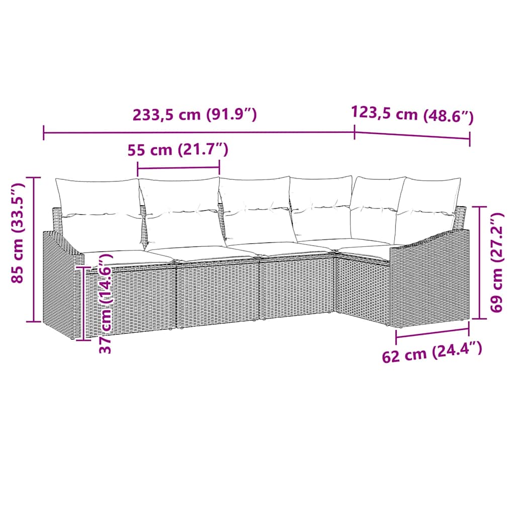 Sofa Set mit Kissen 5 pcs Schwarz Poly Rattan