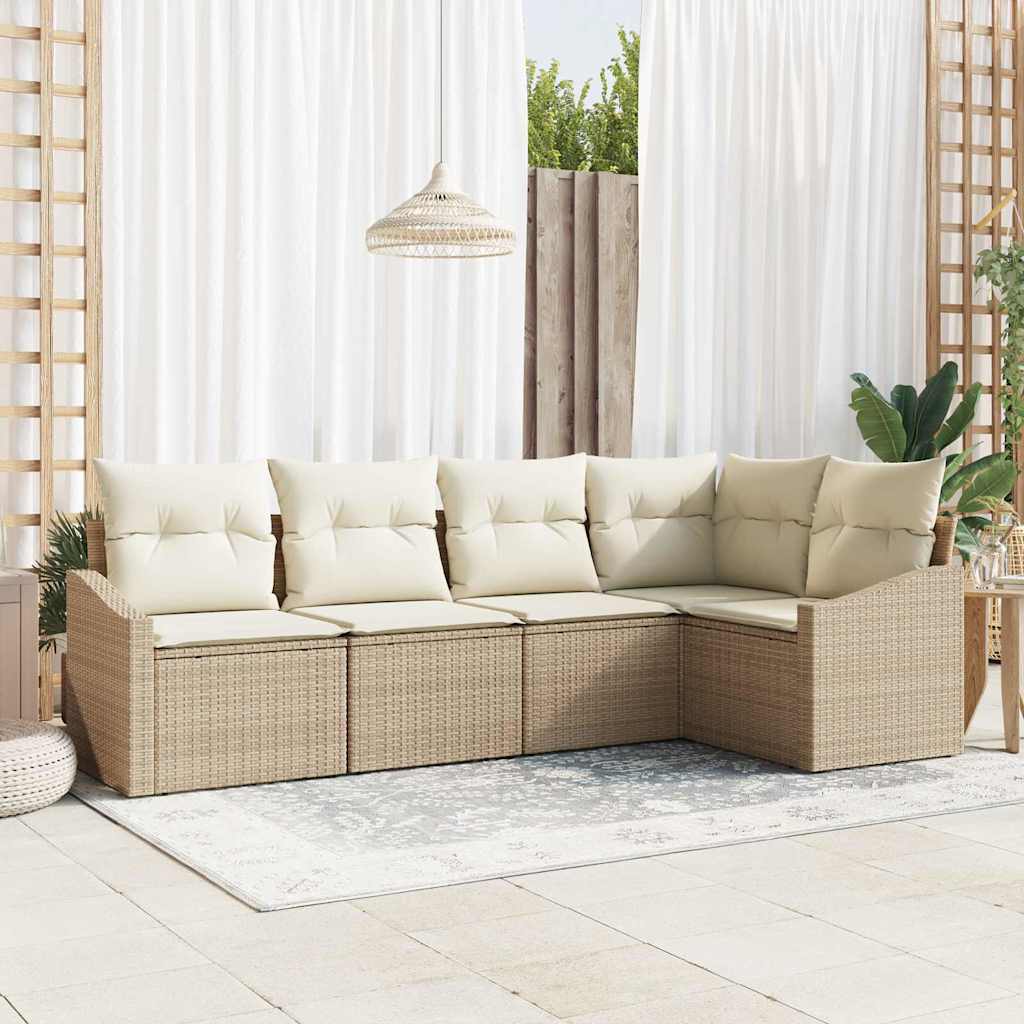 Sofa Set mit Kissen 5 pcs Schwarz Poly Rattan