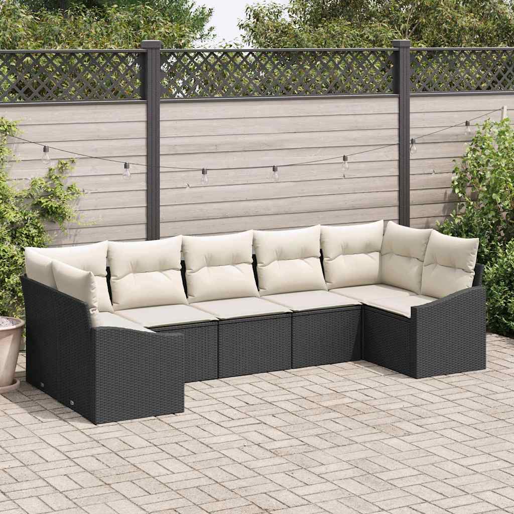 Sofa Set mit Kissen 7 pcs Schwarz Poly Rattan