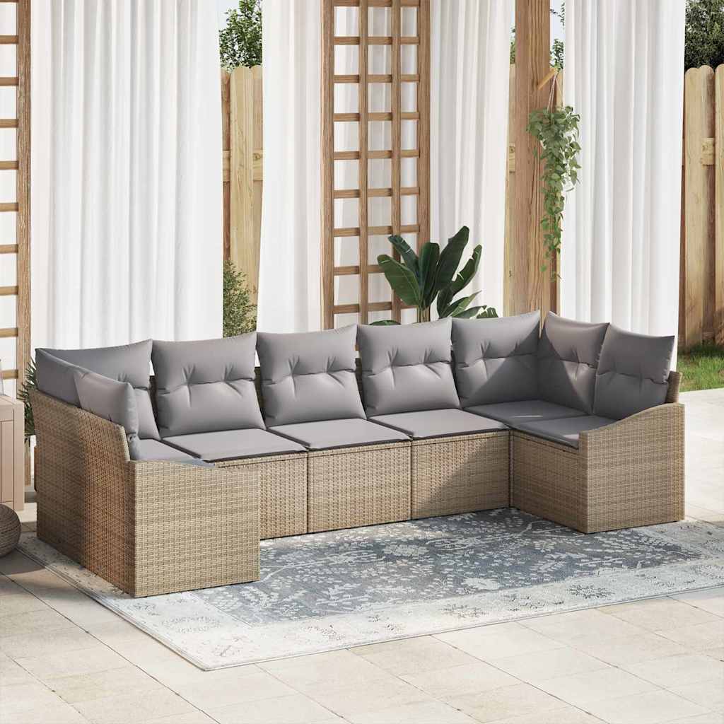 Sofa Set mit Kissen 7 pcs Schwarz Poly Rattan