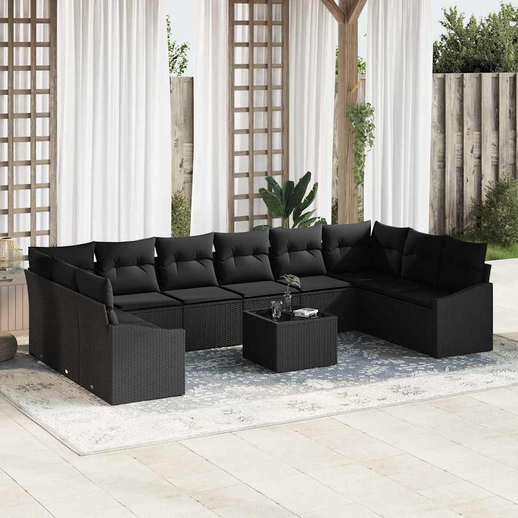 Sofa Set mit Kissen 10 pcs Schwarz Poly-Rattan