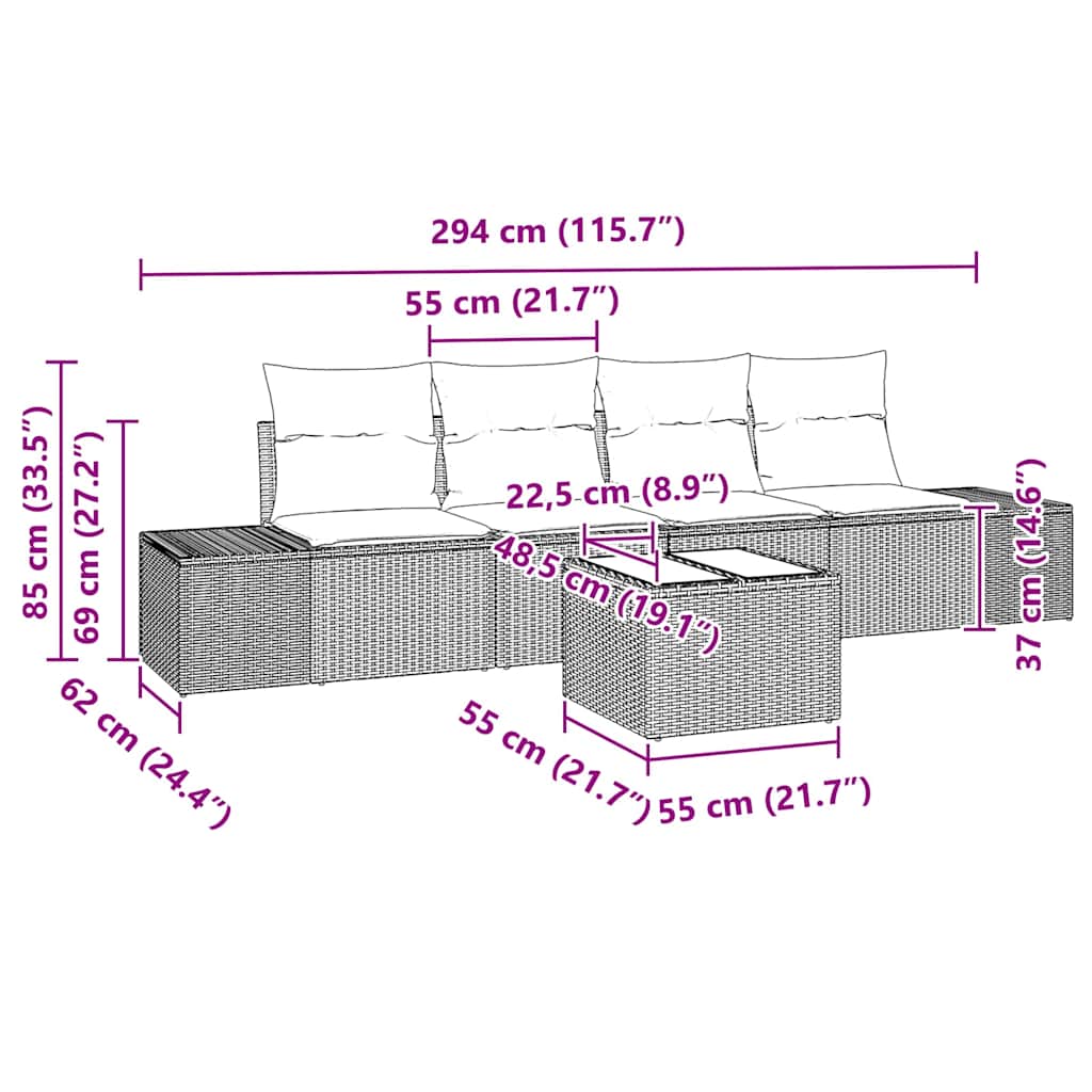 Sofa Set mit Kissen 5 pcs Schwarz und Creme Poly Rattan