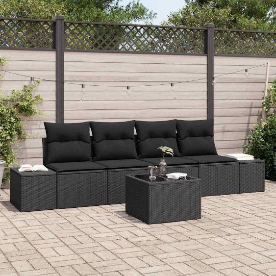 Sofa Set mit Kissen 5 pcs Schwarz und Creme Poly Rattan