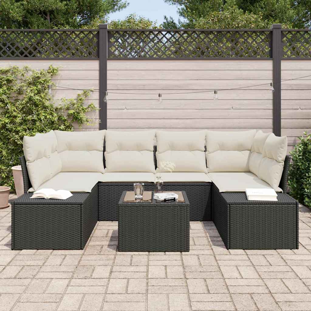 Garten-Sofa-Set mit Kissen 7 pcs Schwarz Poly-Rattan