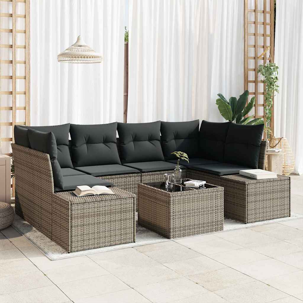 Garten-Sofa-Set mit Kissen 7 pcs Schwarz Poly-Rattan