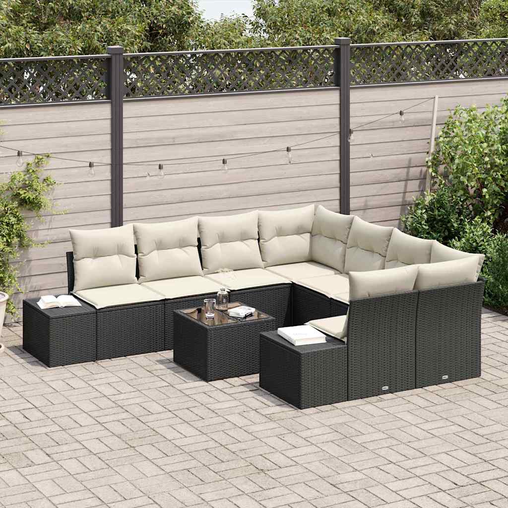 Sofa Set mit Kissen 9 pcs Schwarz Poly Rattan