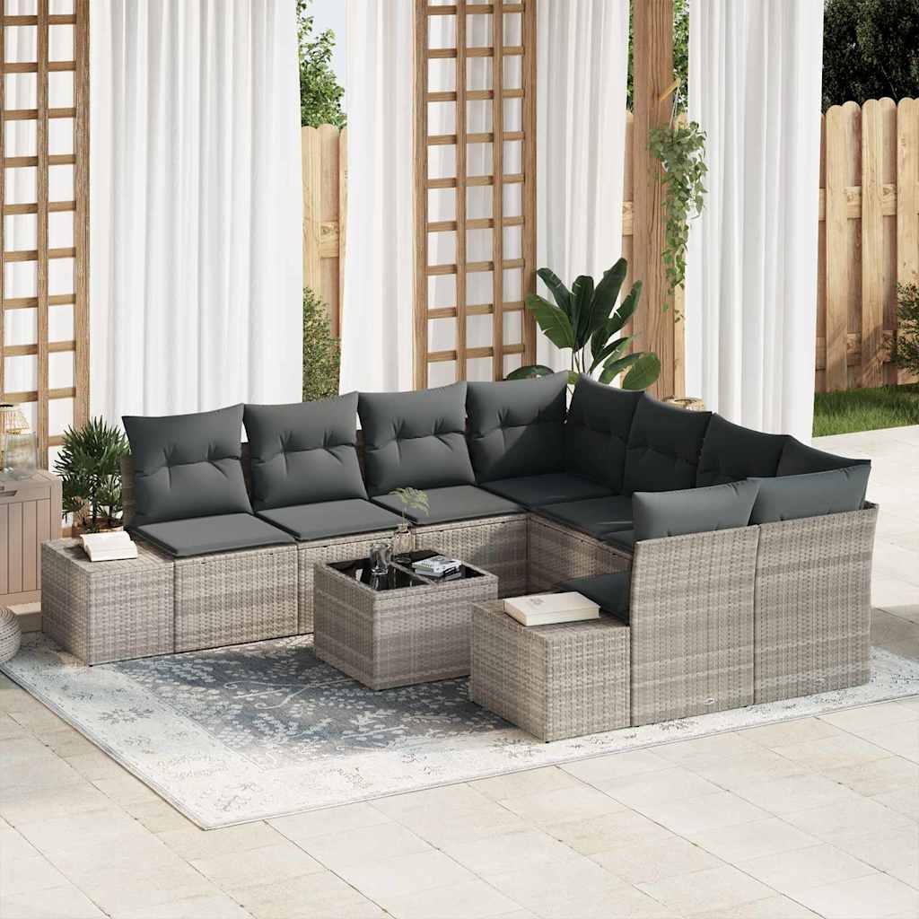 Sofa Set mit Kissen 9 pcs Schwarz Poly Rattan