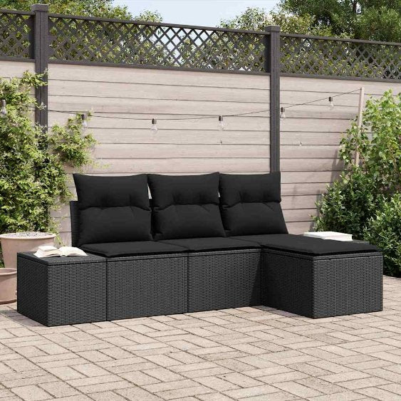 Sofa Set mit Kissen 4 pcs Schwarz Poly Rattan