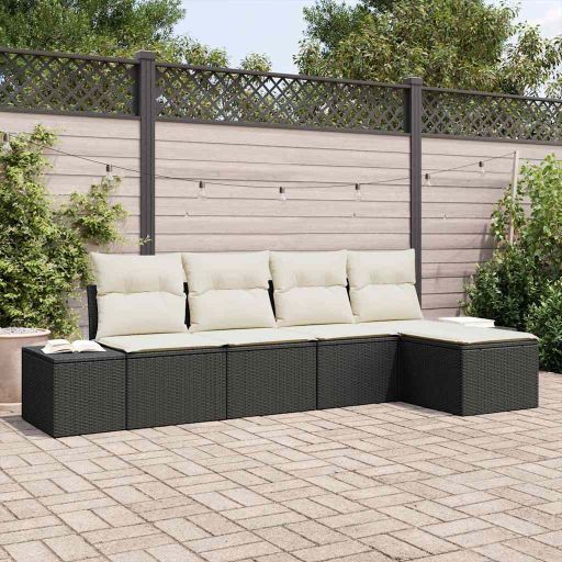 Sofa Set mit Kissen 5 pcs Schwarz Poly Rattan