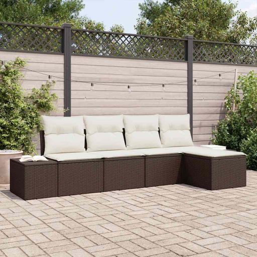 Sofa Set mit Kissen 5 pcs Schwarz Poly Rattan