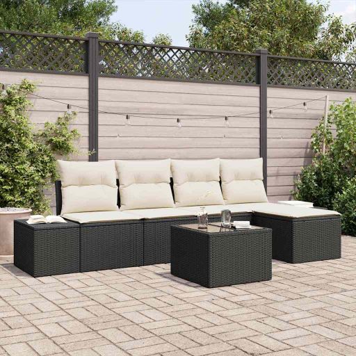 Sofa Set mit Kissen 5 pcs Schwarz Poly Rattan